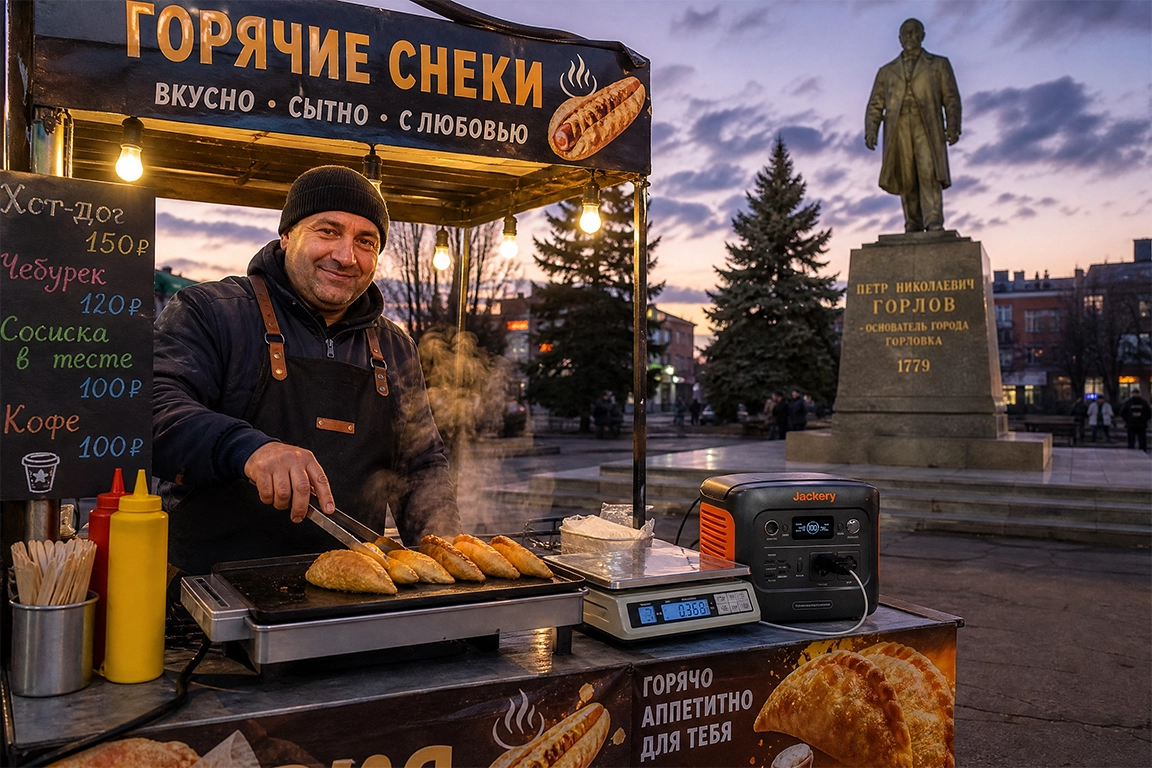 Уличный продавец использует портативную электростанцию для приготовления еды у памятника Петру Горлову в Горловке. Бесперебойная торговля на улице.