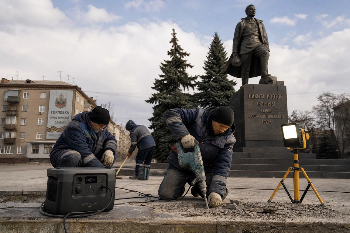 Рабочие используют портативную электростанцию для электроинструментов у памятника Никите Изотову в Горловке. Надежное питание для ремонтных работ.