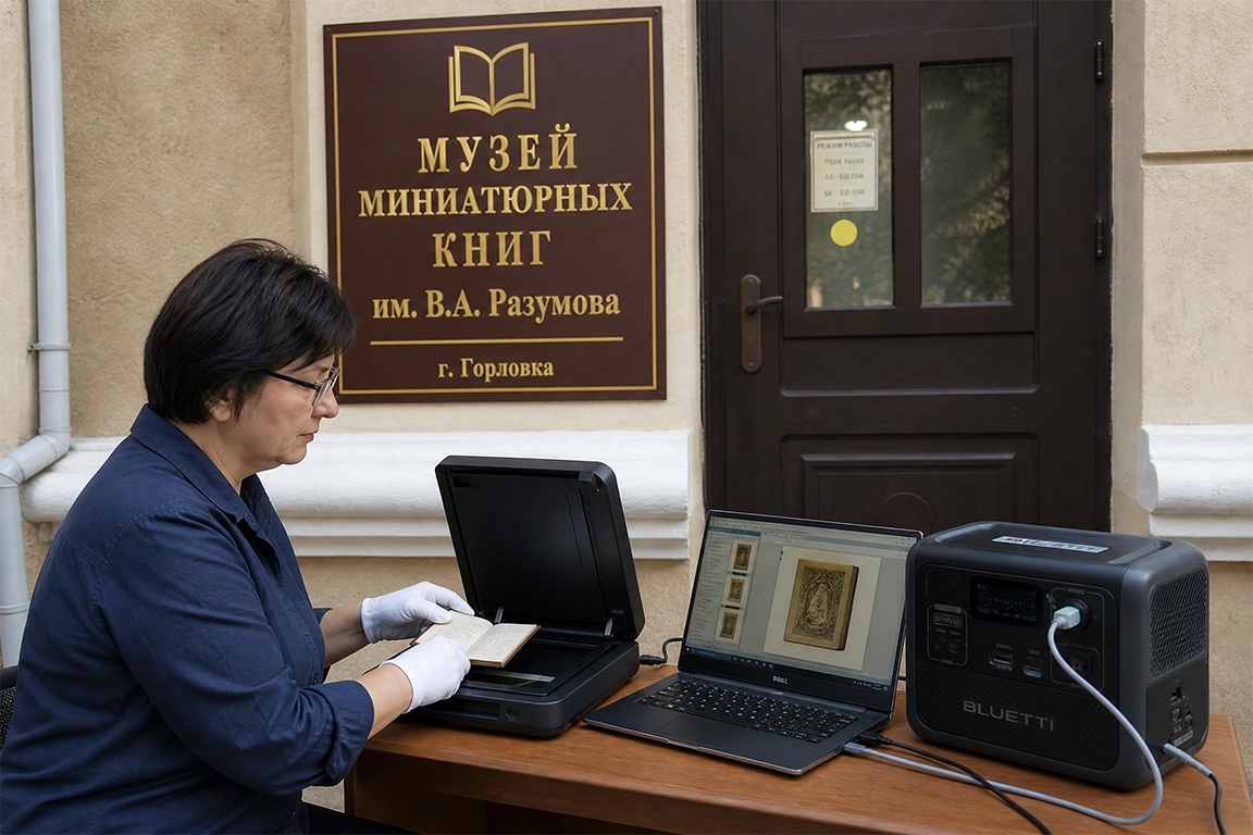 Куратор сканирует документы с помощью портативной электростанции у Музея миниатюрной книги им. В.А. Разумова в Горловке. Мобильный офис для исследований.