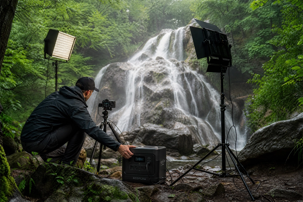 Профессиональный фотограф использует портативную электростанцию для студийного освещения у водопада Джур-Джур в лесу. Мобильная студия для съемки.
