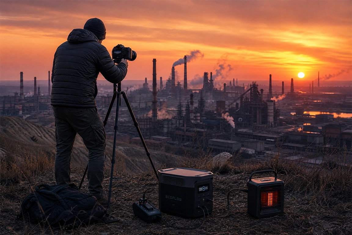 Фотограф использует портативную электростанцию для зарядки камеры и обогревателя на холме с видом на Макеевский металлургический завод на закате. Профессиональная съемка в промышленных условиях.