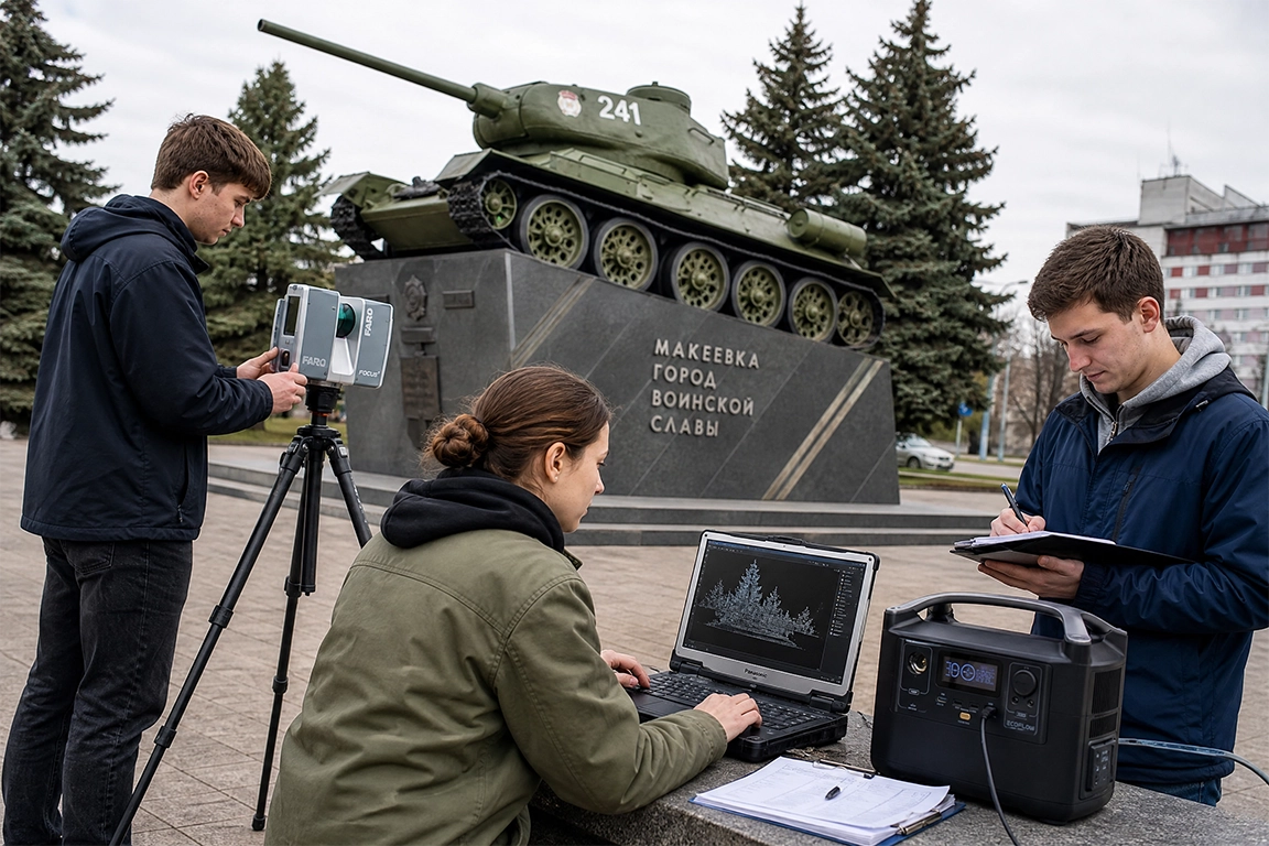 Студенты используют портативную электростанцию для лазерного сканера и ноутбука у памятника танку Т-34 в Макеевке. Технологии для изучения истории.