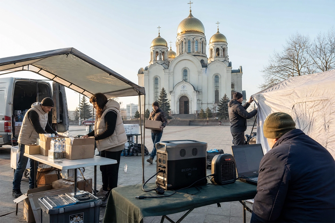 Волонтеры используют портативную электростанцию для организации пункта помощи у Собора Александра Невского в Мелитополе. Энергия для поддержки сообщества.