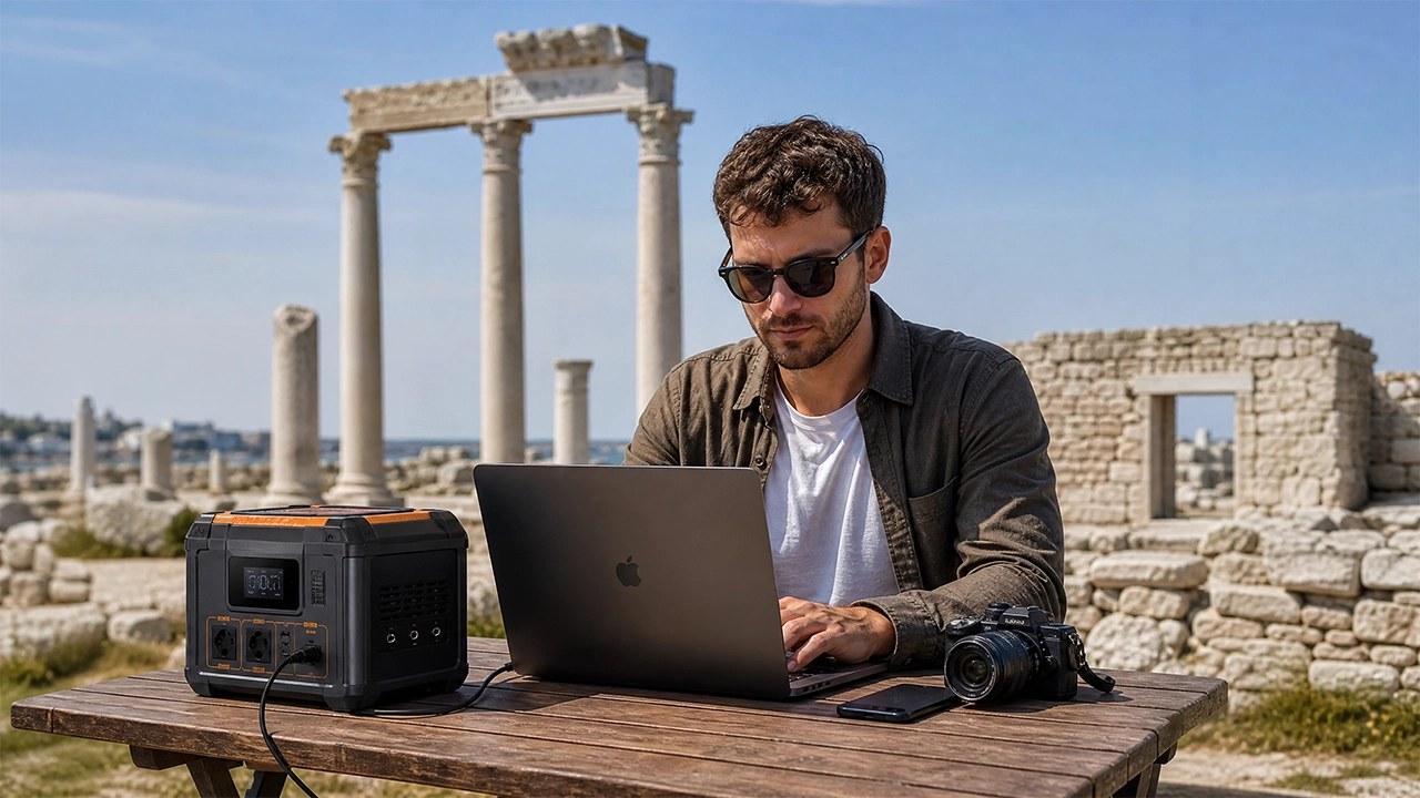 Зарядная станция для работы фрилансера в музее-заповеднике Херсонес Таврический, Севастополь.